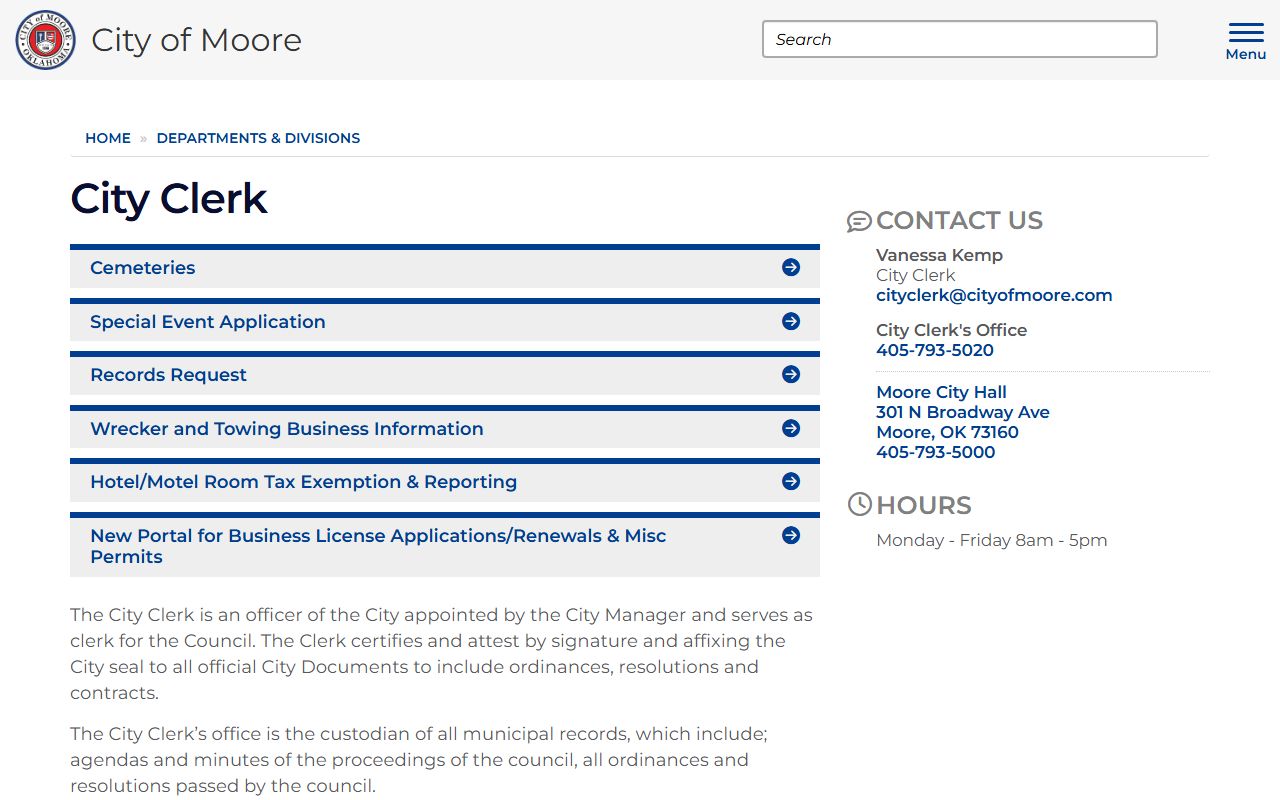 Moore City Clerk office death records