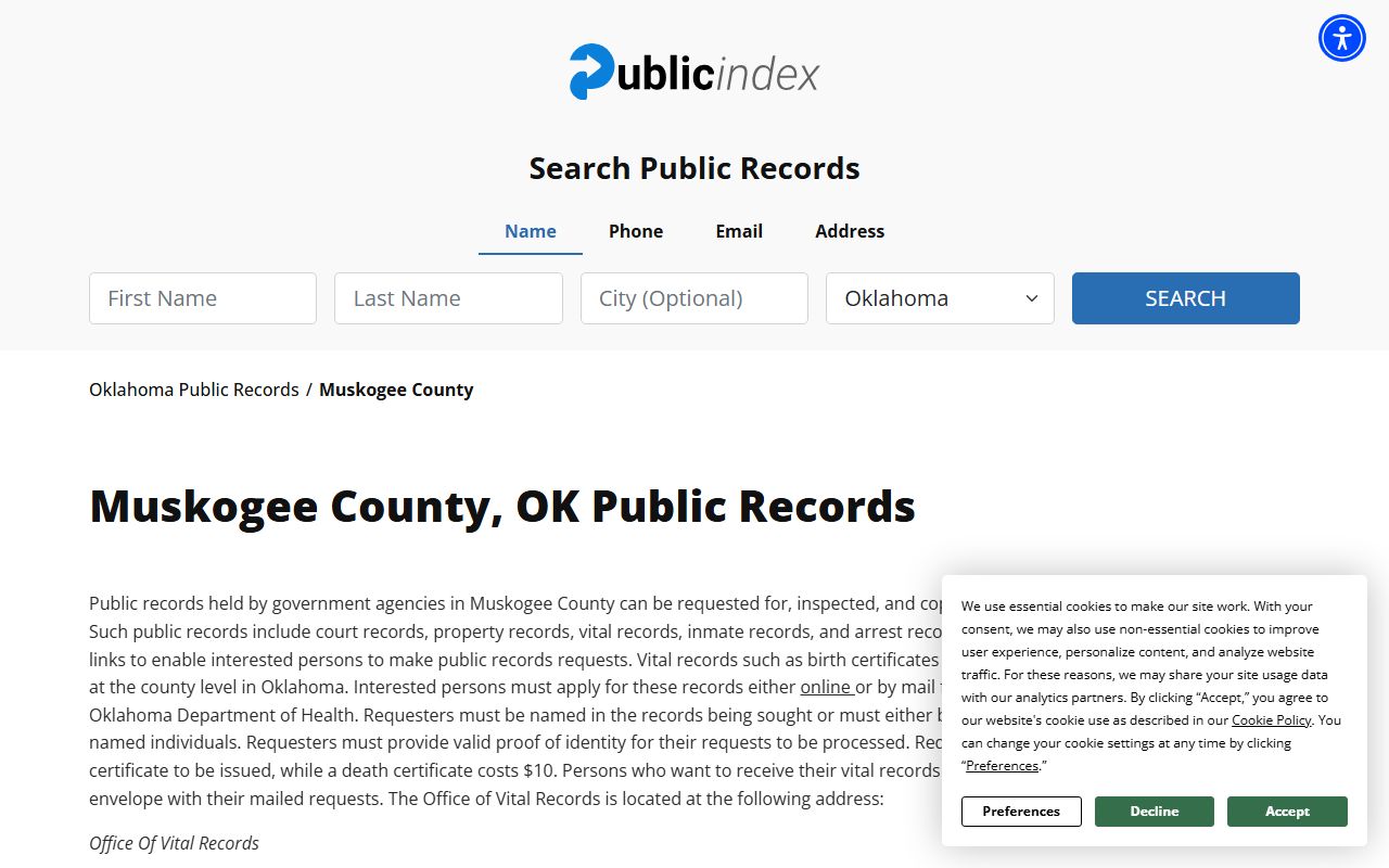 Muskogee County public records index for death records