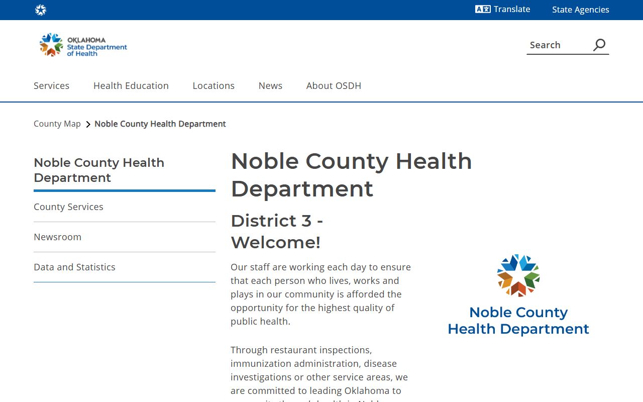 Noble County Health Department page for death records