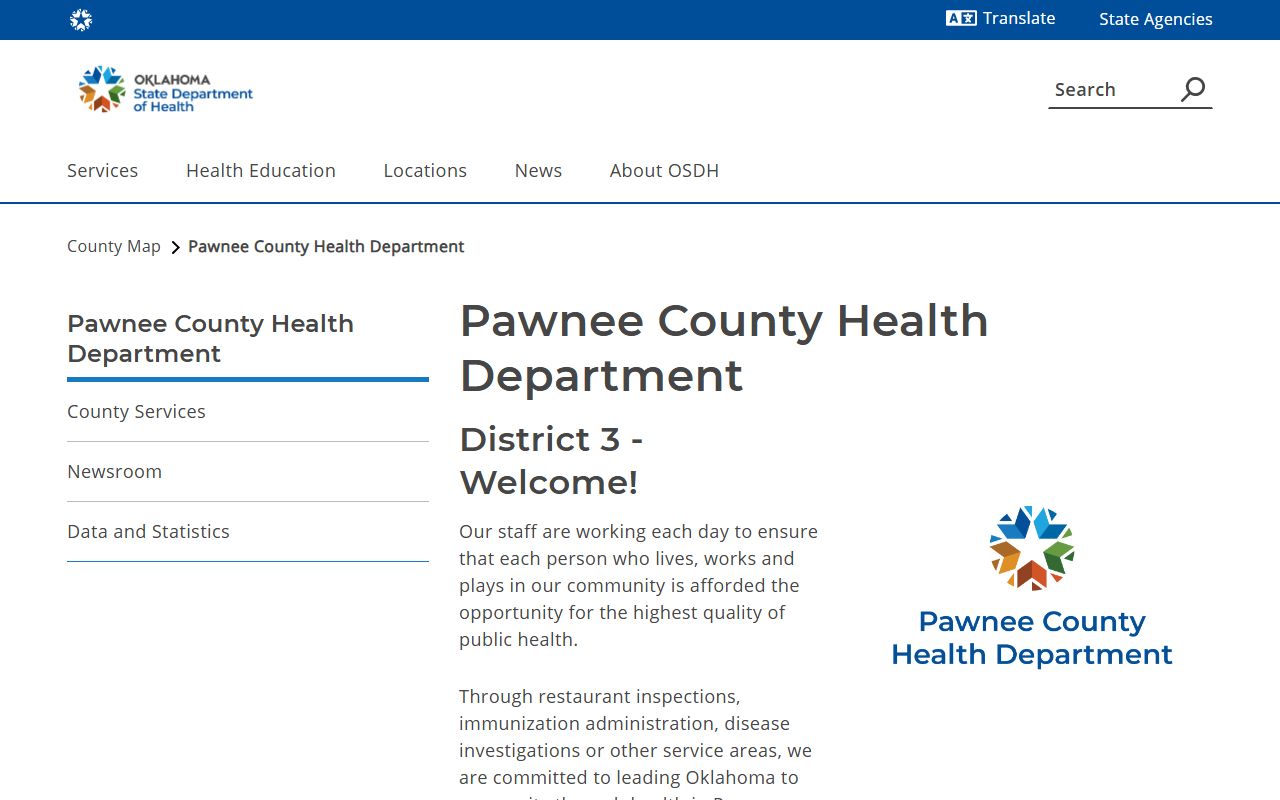 Pawnee County Health Department page for death records