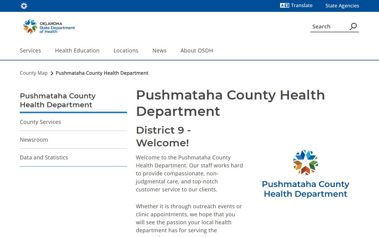 Pushmataha County Health Department page for death records