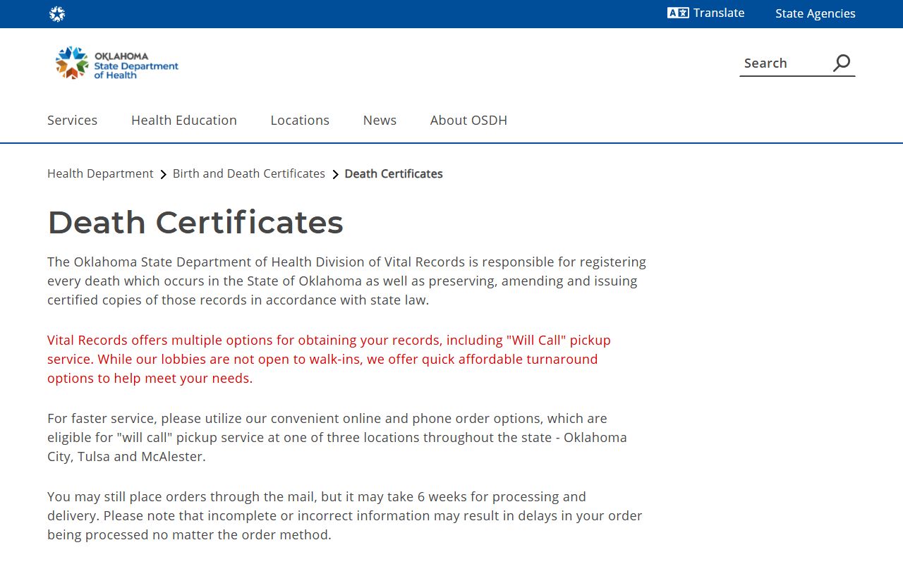 Oklahoma death records death certificates ordering page