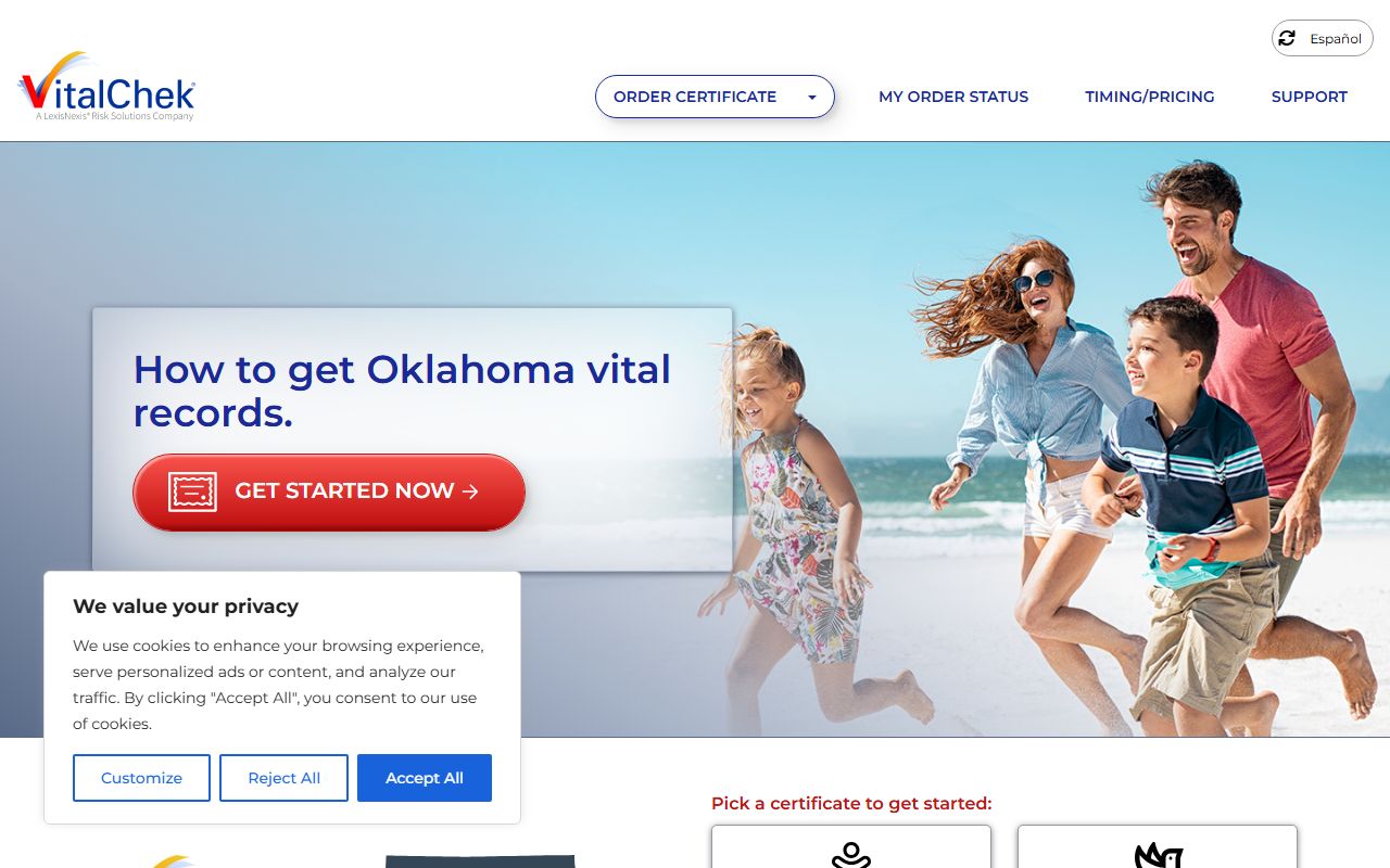 Oklahoma death records VitalChek online ordering page